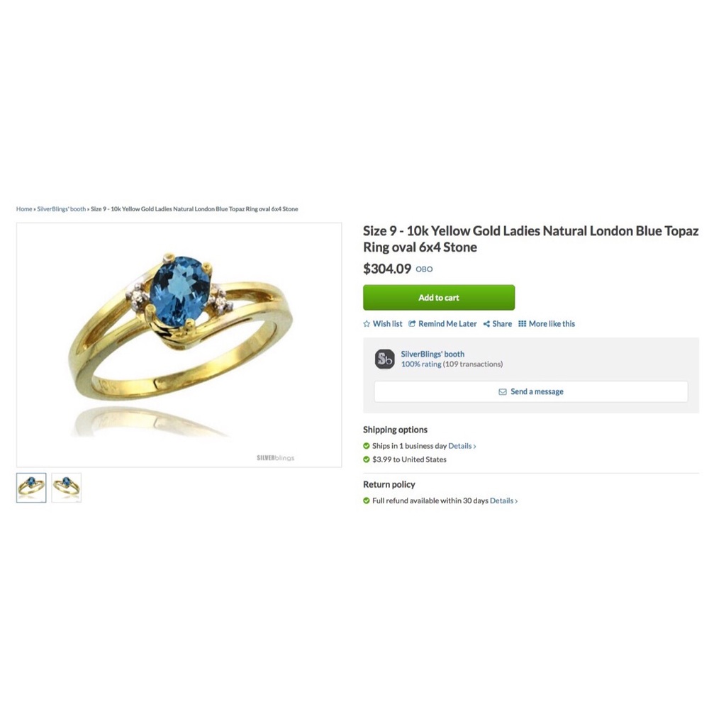 10k Gold Diamond London Blue Topaz Ring size 6.5